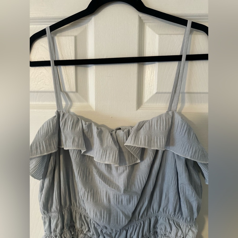 NWT T Tahari Ruffle Tiered Gingham Midi Dress Blue Gray White Lined Size XL. - Picture 6 of 7
